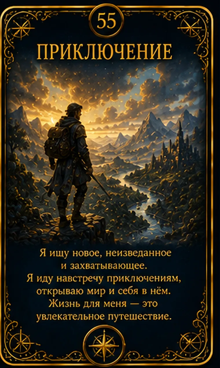 Карта ценности «Приключение»: развернутая карта, компас и путь через яркий неизвестный ландшафт; пиктограмма кластера «Жизненность и приключение»