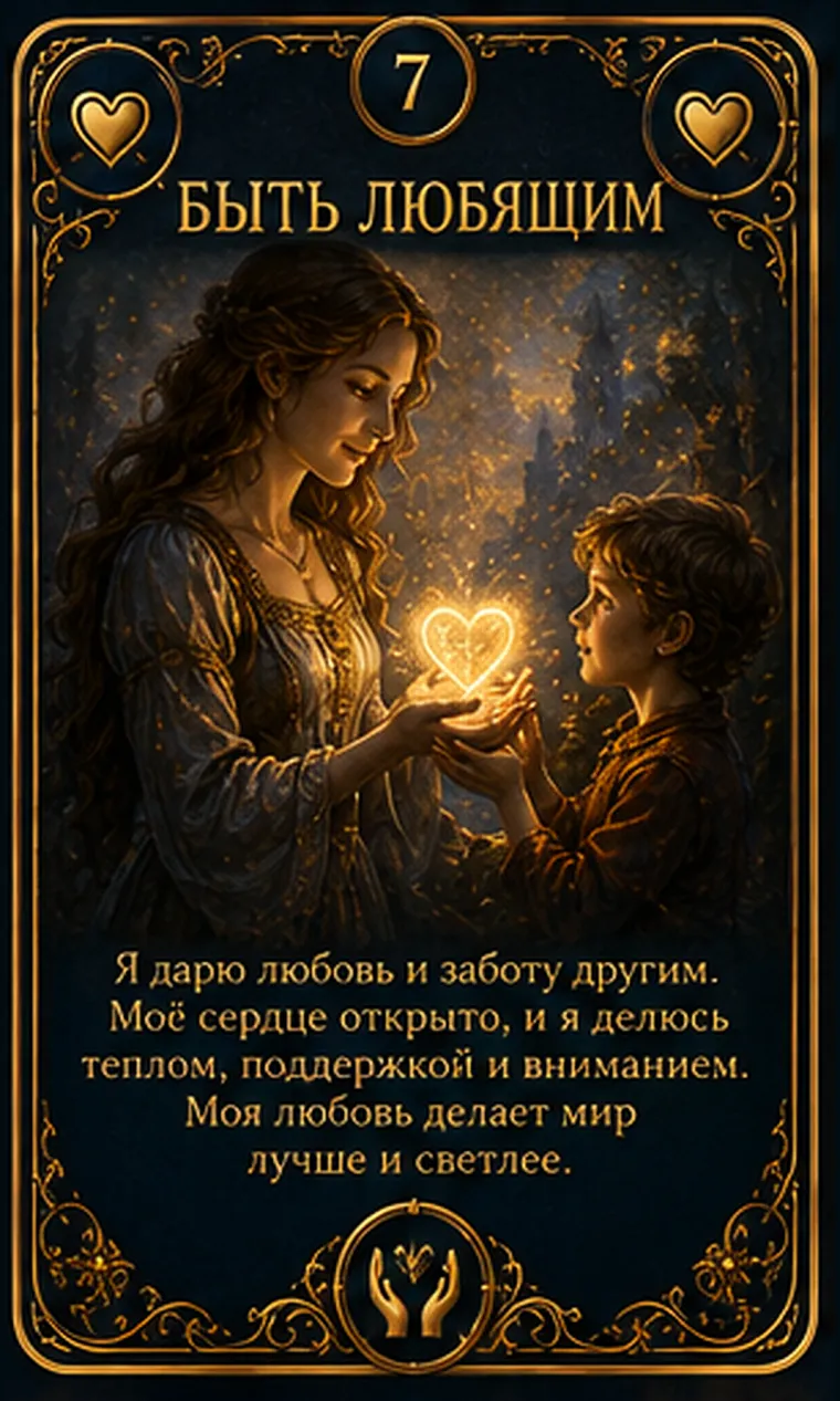 Карта ценности «Быть любящим»: человек передает светящийся теплый предмет другому человеку; пиктограмма кластера «Любовь и близость»