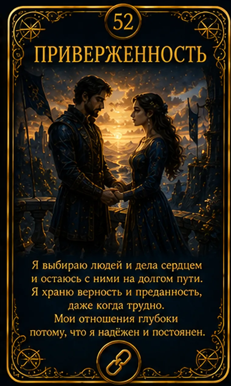 Карта ценности «Приверженность»: человек идет по длинной дороге, удерживая выбранную нить до далекой вехи; пиктограмма кластера «Безопасность и порядок»