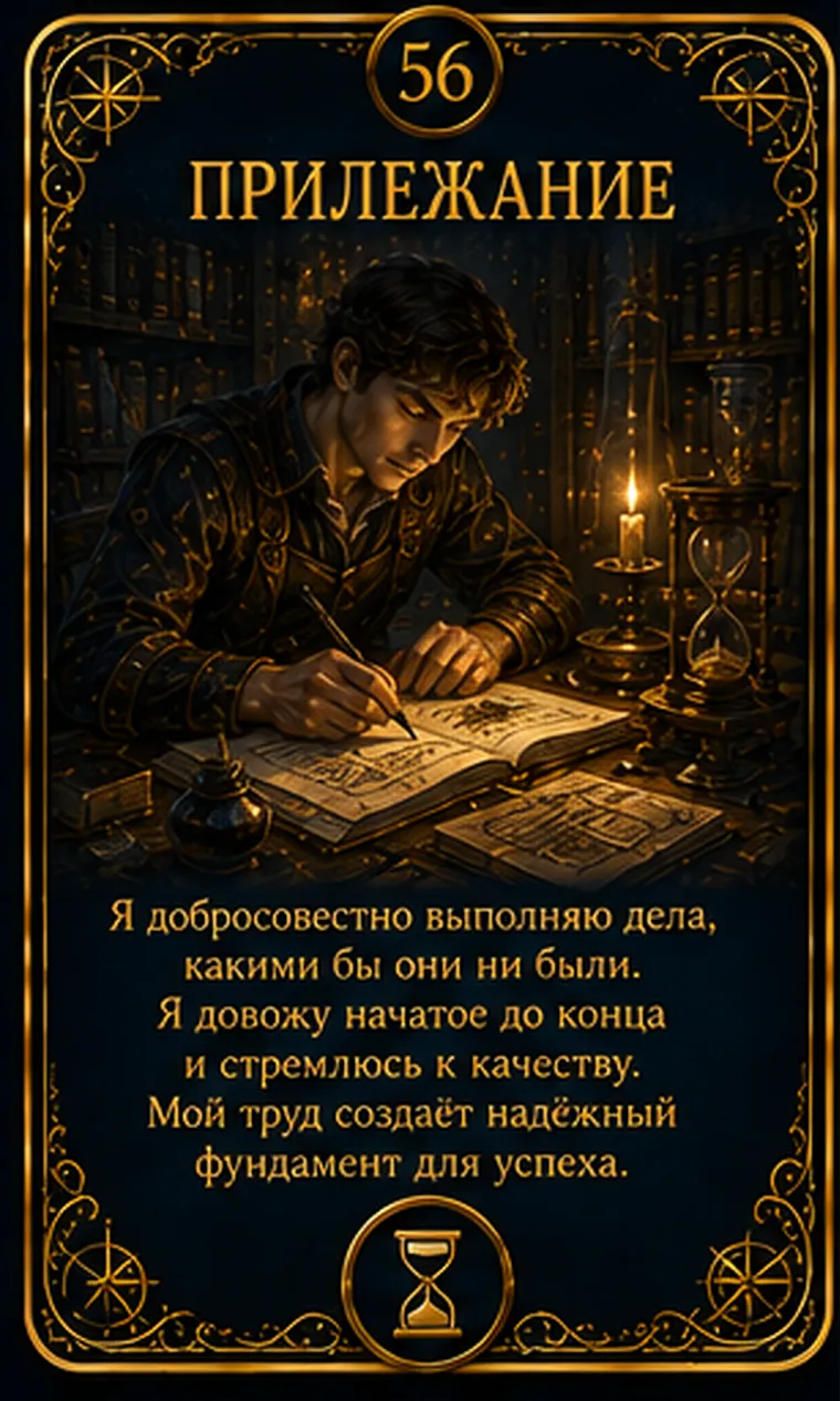Карта ценности «Прилежание»: руки тщательно выравнивают детали работы под спокойным светом; пиктограмма кластера «Безопасность и порядок»