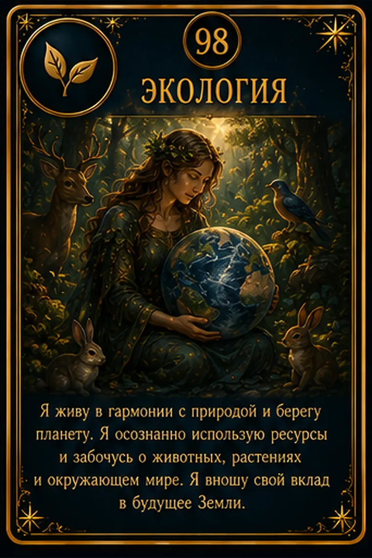 Карта ценности «Экология»: человек бережно ухаживает за маленьким живым ландшафтом в руках; пиктограмма кластера «Забота и общество»