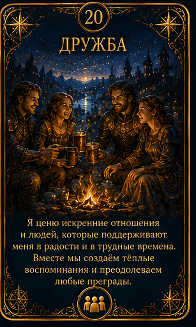 Карта ценности «Дружба»: несколько людей вместе держат свет над общим столом; пиктограмма кластера «Любовь и близость»