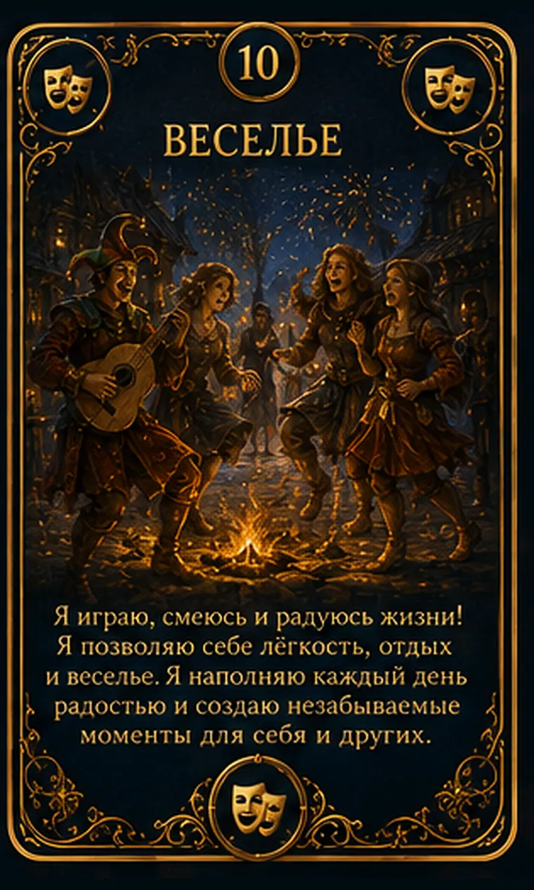 Карта ценности «Веселье»: яркий стол с игрой, смехом и летящими цветными фигурками; пиктограмма кластера «Творчество и игра»