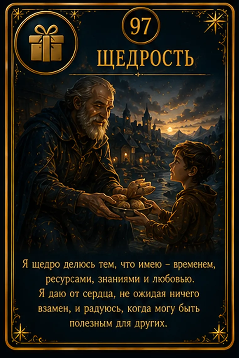 Карта ценности «Щедрость»: человек делится светящимися предметами, оставляя поток теплым и свободным; пиктограмма кластера «Забота и общество»