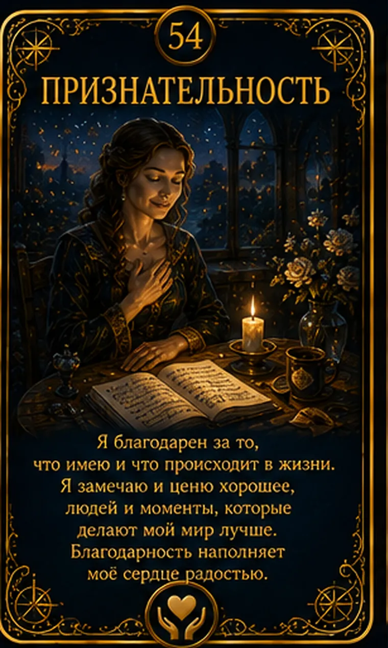 Карта ценности «Признательность»: человек бережно держит небольшой светящийся подарок и замечает его ценность; пиктограмма кластера «Дух и целостность»