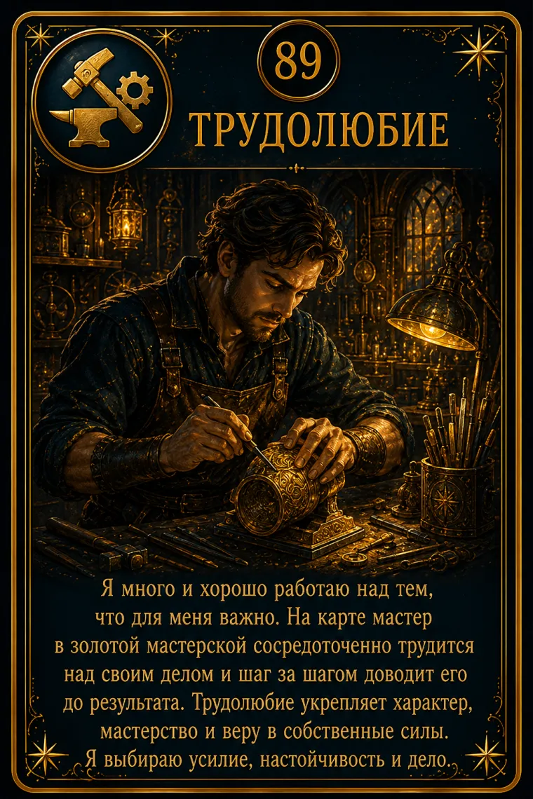 Карта ценности «Трудолюбие»: человек с сосредоточенной энергией работает над большим прочным проектом; пиктограмма кластера «Достижение и влияние»