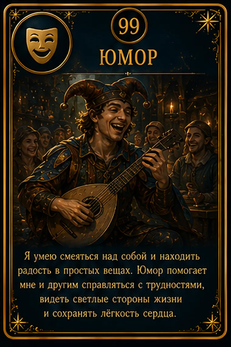 Карта ценности «Юмор»: человек смотрит на свой неожиданный силуэт в зеркале и мягко улыбается; пиктограмма кластера «Творчество и игра»