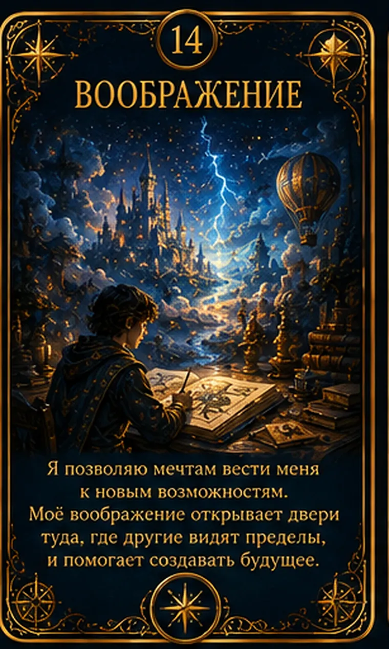 Карта ценности «Воображение»: открытая тетрадь, из которой поднимаются возможные миры и формы; пиктограмма кластера «Творчество и игра»