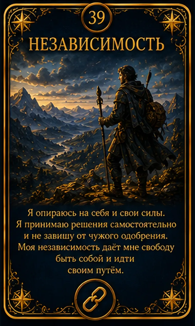 Карта ценности «Независимость»: человек уверенно стоит на отдельной платформе без подпорок; пиктограмма кластера «Свобода и самостоятельность»