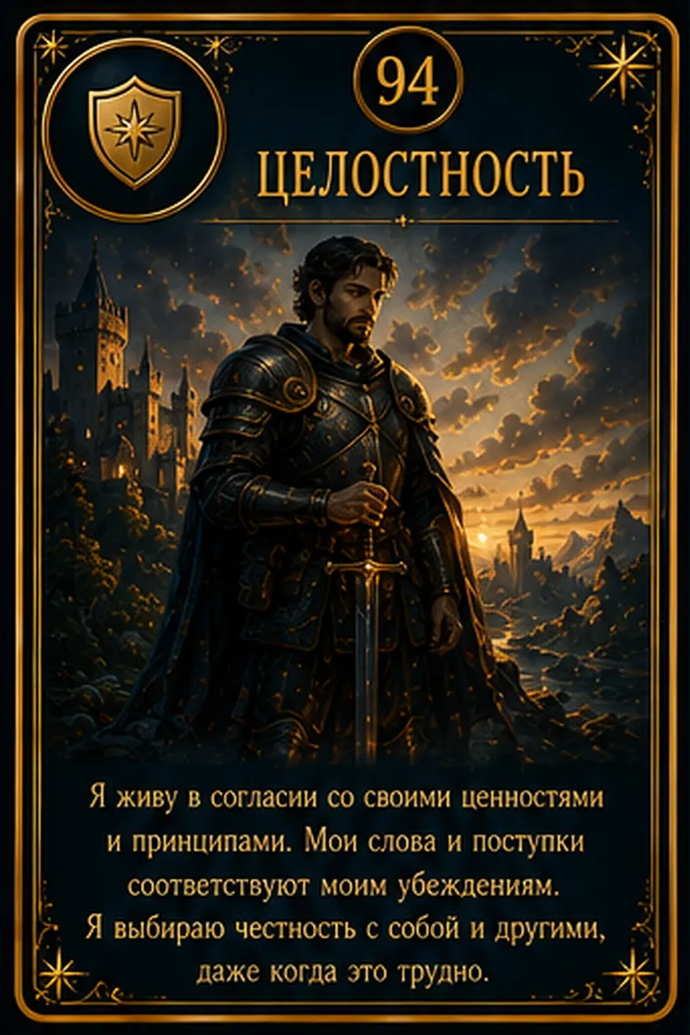 Карта ценности «Целостность»: разные части жизни человека складываются в один ровный светящийся круг; пиктограмма кластера «Дух и целостность»