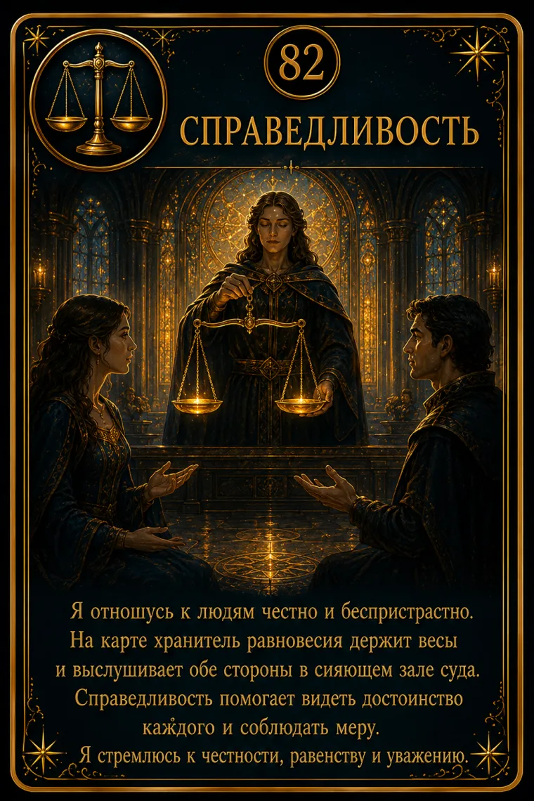 Карта ценности «Справедливость»: свет падает одинаково на разные фигуры перед уравновешенными весами; пиктограмма кластера «Забота и общество»