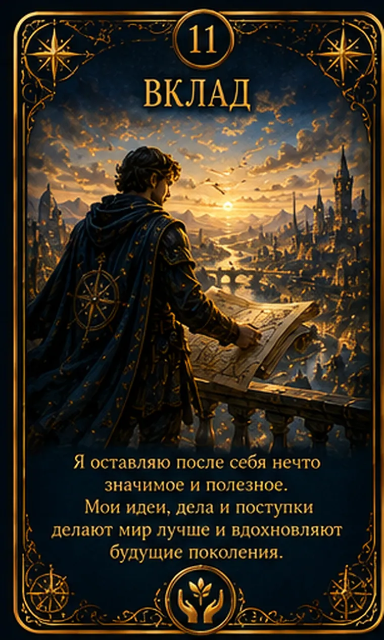 Карта ценности «Вклад»: человек кладет последний камень в мост, по которому смогут идти другие; пиктограмма кластера «Забота и общество»