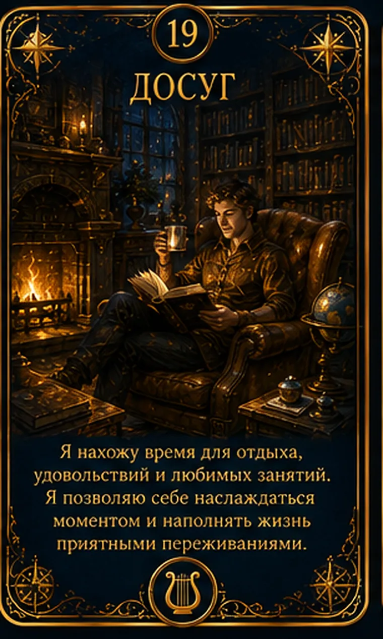 Карта ценности «Досуг»: уютный уголок с книгой, чашкой и свободным временем на часах; пиктограмма кластера «Ресурсы и комфорт»