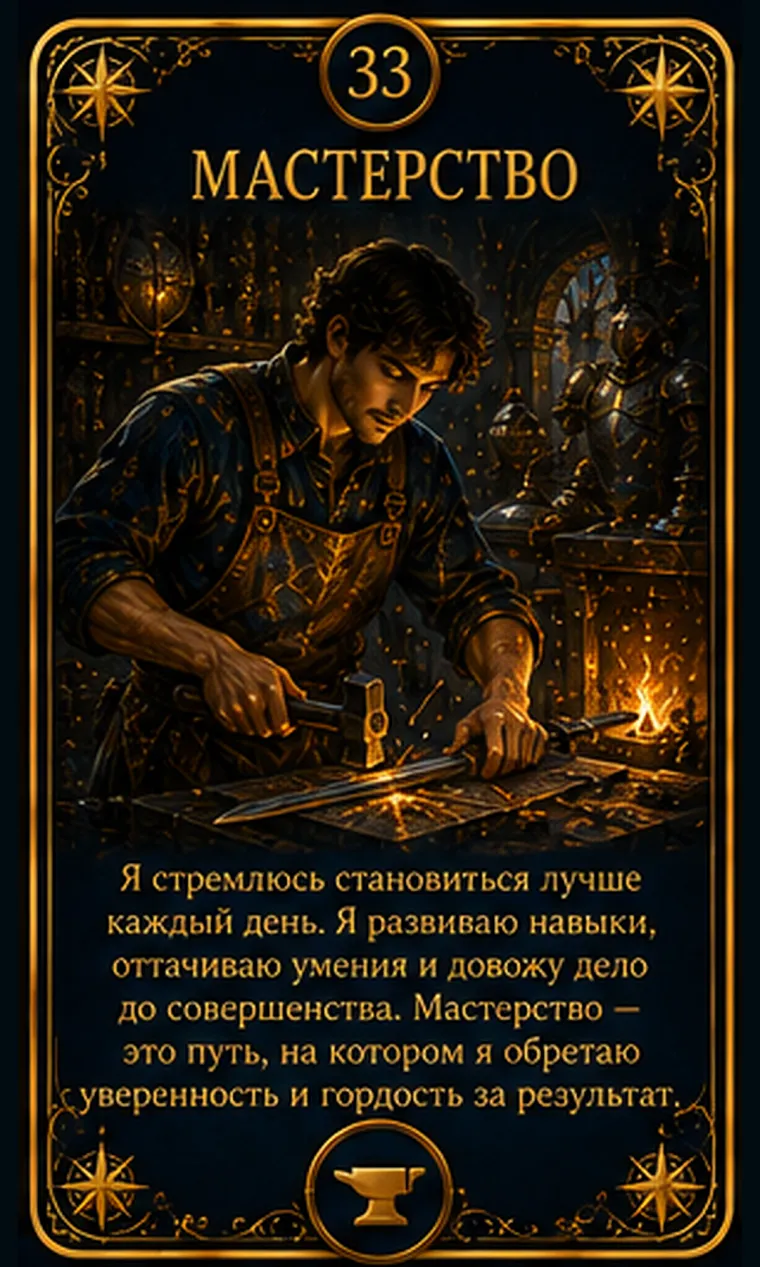 Карта ценности «Мастерство»: руки уверенно доводят сложную работу до чистого результата; пиктограмма кластера «Развитие и познание»