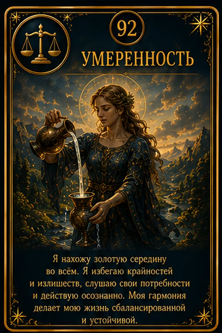 Карта ценности «Умеренность»: человек мягко выравнивает две чаши, оставляя ровный свет посередине; пиктограмма кластера «Безопасность и порядок»