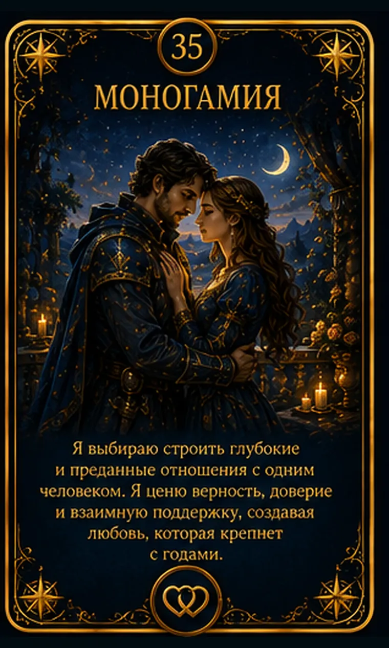 Карта ценности «Моногамия»: два одинаково освещенных места за маленьким столом, соединенные одной линией; пиктограмма кластера «Любовь и близость»
