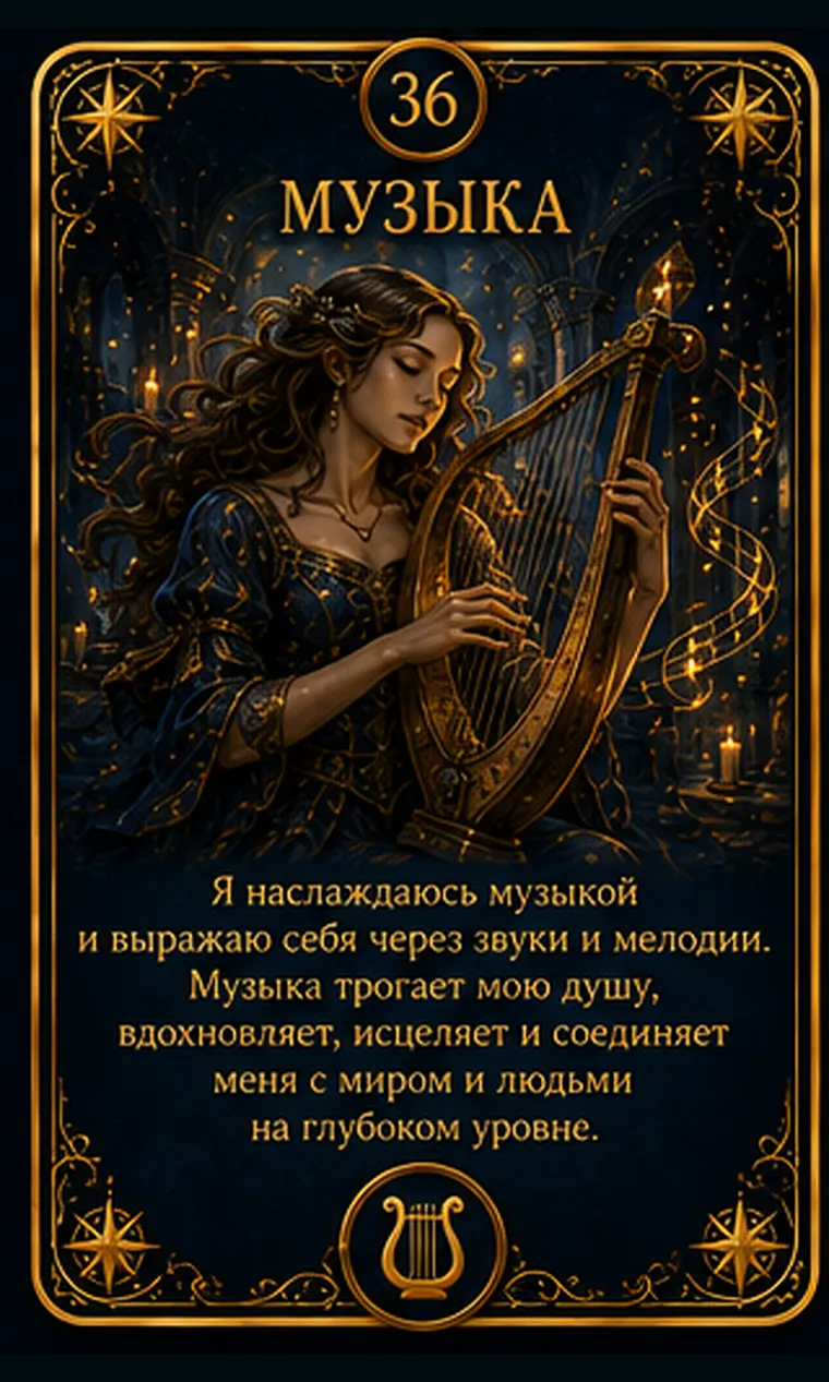 Карта ценности «Музыка»: звуковые волны превращаются в цветные формы вокруг музыкального инструмента; пиктограмма кластера «Творчество и игра»