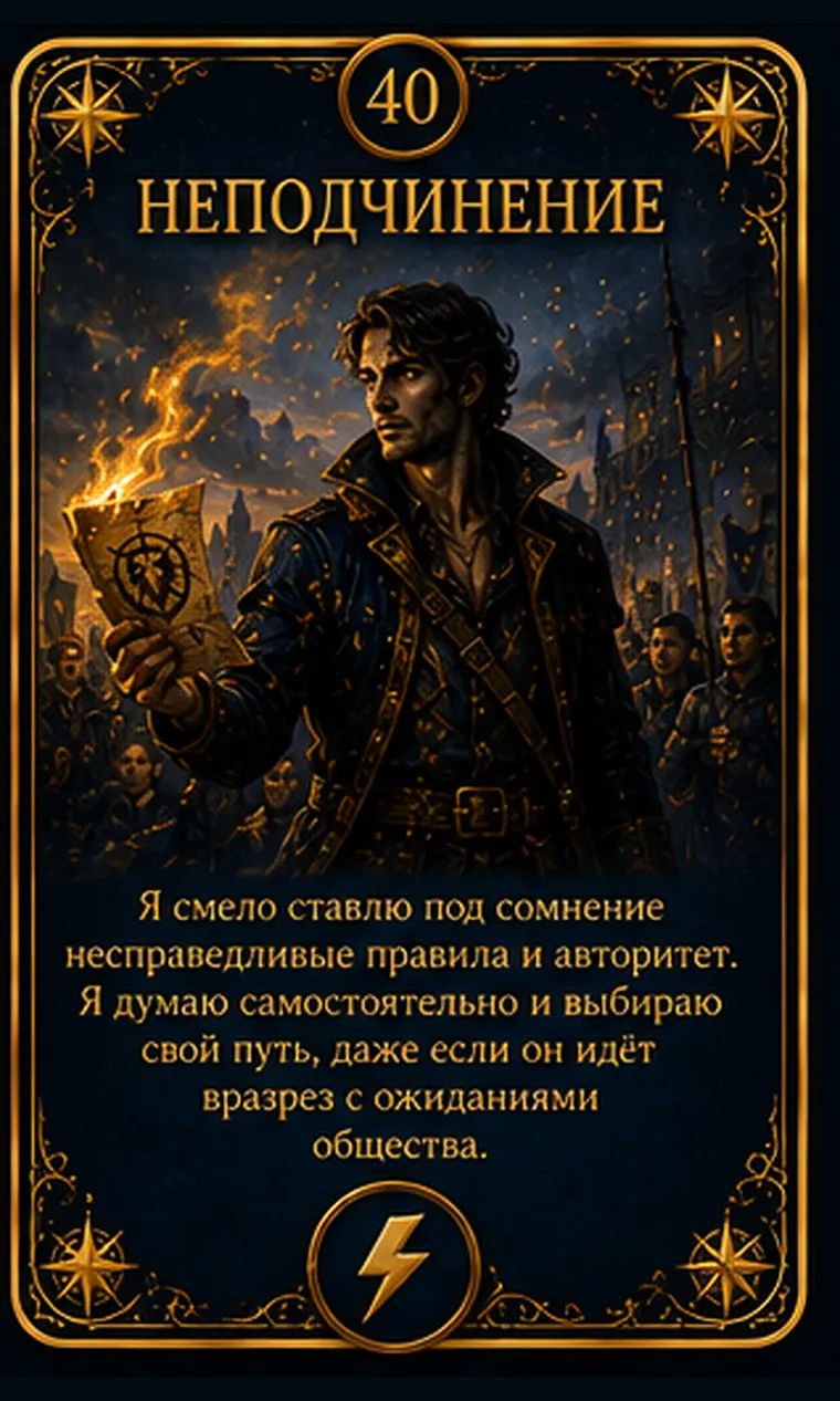 Карта ценности «Неподчинение»: одна фигура спокойно выходит из строя одинаковых дорожных отметок; пиктограмма кластера «Свобода и самостоятельность»