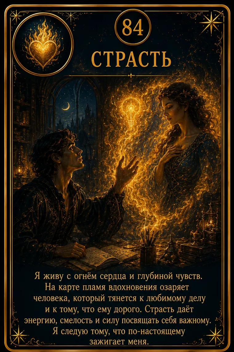 Карта ценности «Страсть»: человек держит яркий внутренний огонь, освещающий работу, идею и отношения; пиктограмма кластера «Творчество и игра»