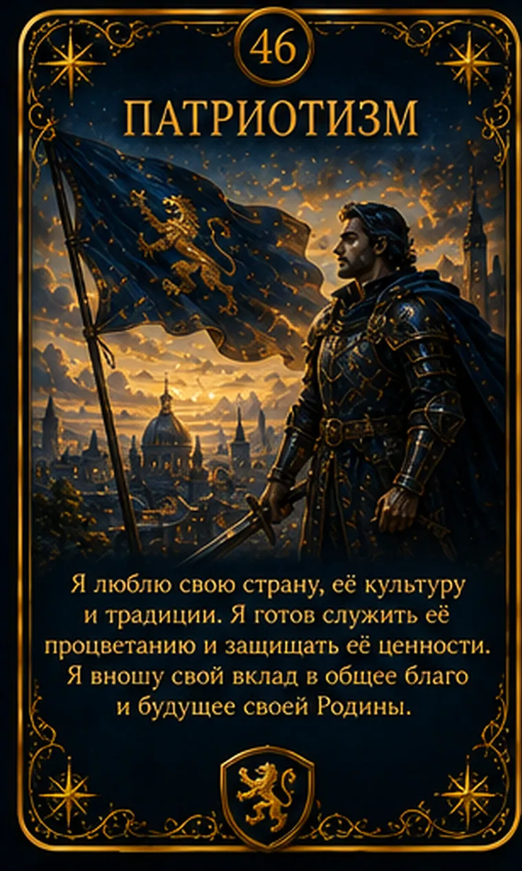 Карта ценности «Патриотизм»: человек бережно держит сложенный флаг рядом с пейзажем родного места; пиктограмма кластера «Забота и общество»