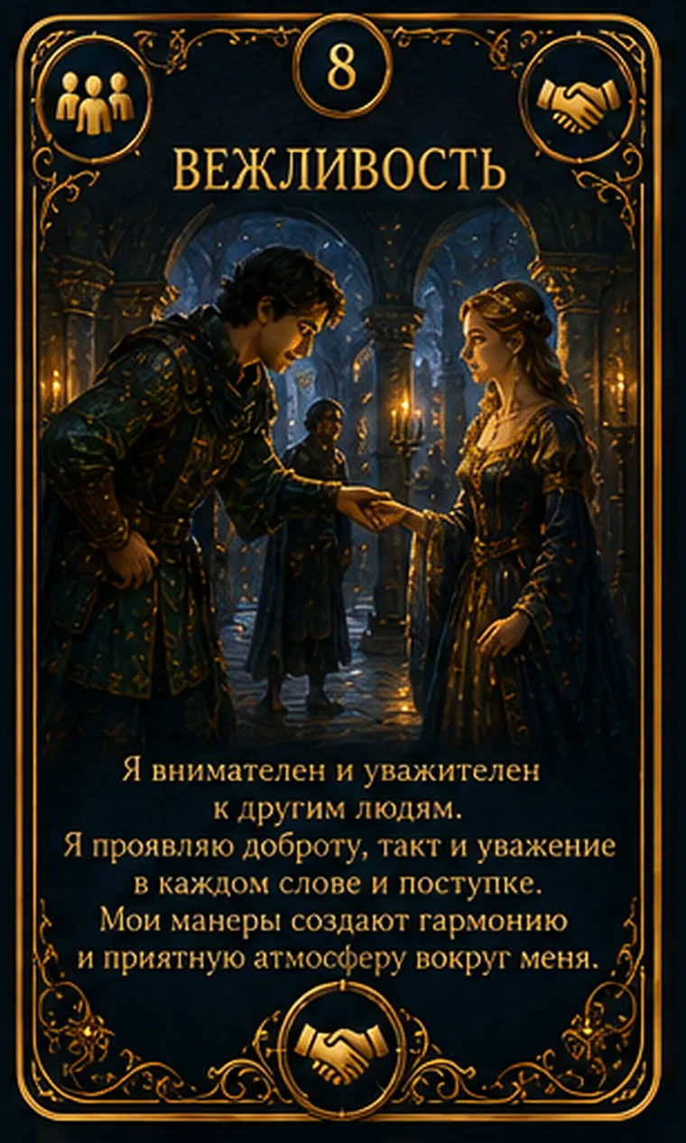 Карта ценности «Вежливость»: человек придерживает дверь и создает спокойное пространство для другого; пиктограмма кластера «Забота и общество»