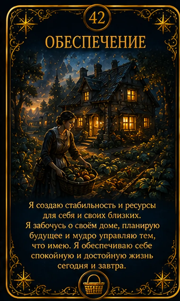 Карта ценности «Обеспечение»: аккуратные полки с едой, инструментами и теплым светом дома; пиктограмма кластера «Ресурсы и комфорт»