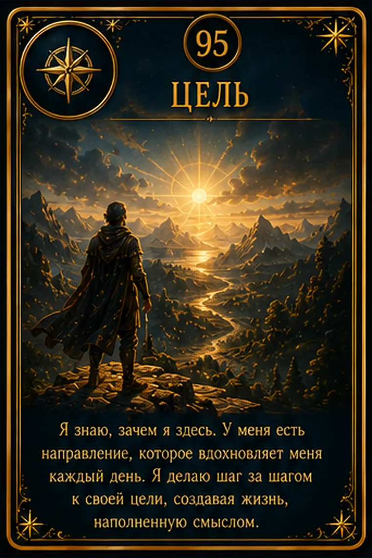 Карта ценности «Цель»: ясная линия пути ведет через туман к светлой далекой отметке; пиктограмма кластера «Развитие и познание»