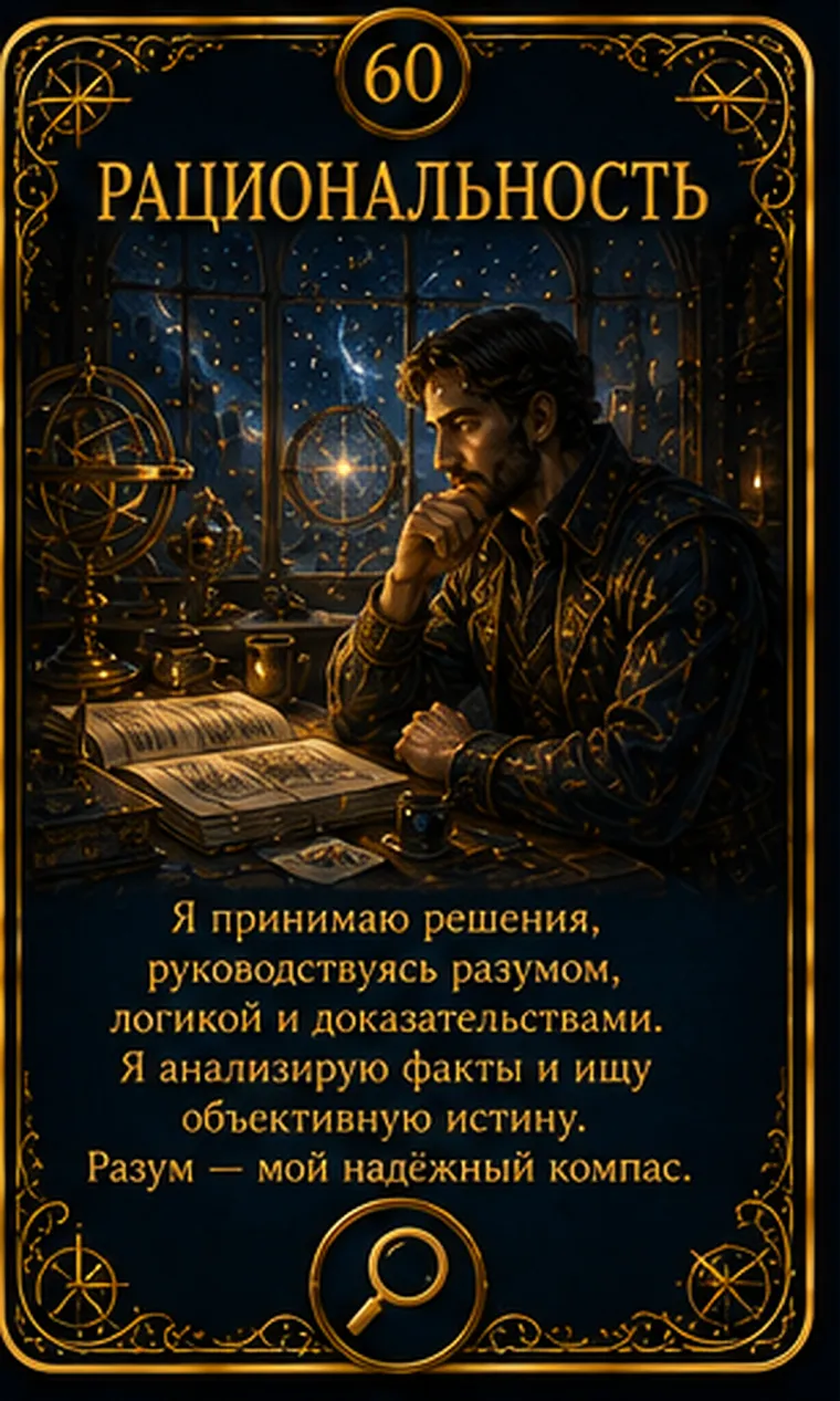 Карта ценности «Рациональность»: человек соединяет доказательства на прозрачной доске в ясную структуру; пиктограмма кластера «Развитие и познание»