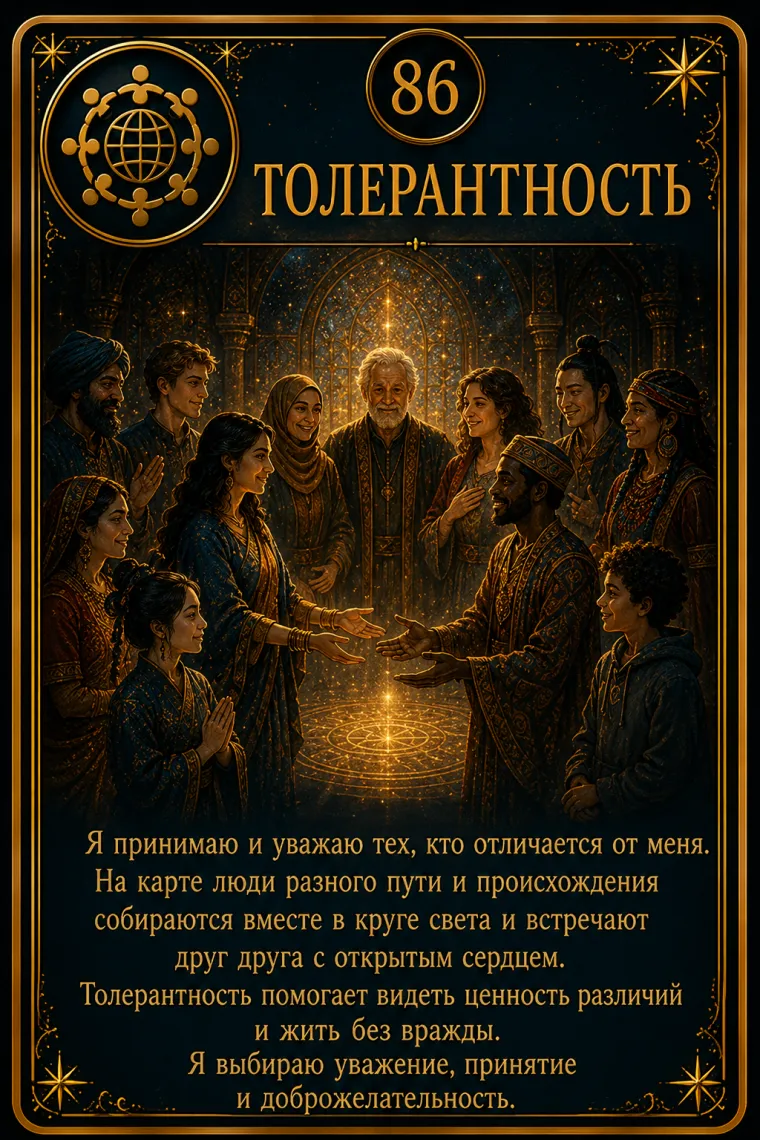 Карта ценности «Толерантность»: разные фигуры сохраняют свои цвета и стоят в общем мягком свете; пиктограмма кластера «Забота и общество»