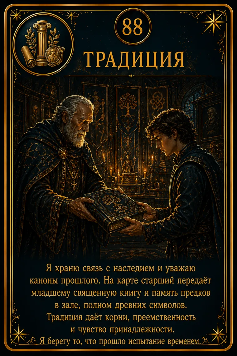 Карта ценности «Традиция»: руки передают бережно сохраненный предмет через несколько поколений; пиктограмма кластера «Дух и целостность»