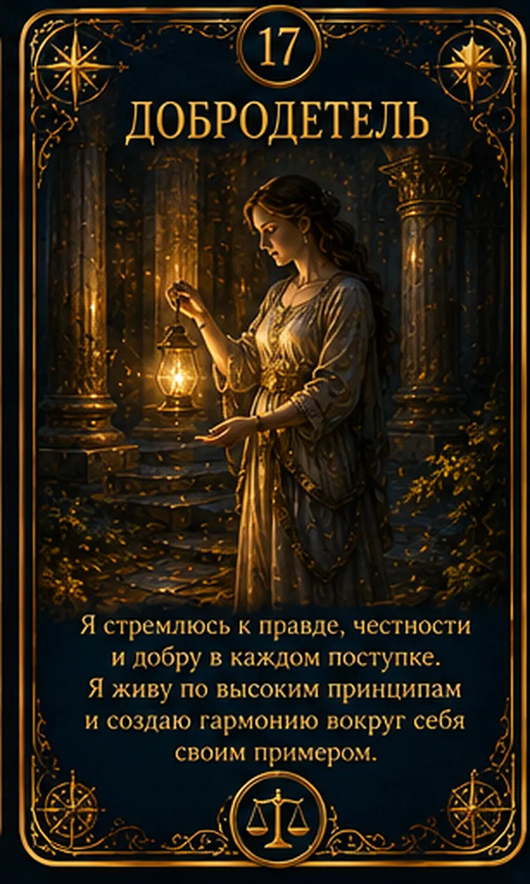 Карта ценности «Добродетель»: спокойная фигура проходит по светлой дорожке среди теней искушений; пиктограмма кластера «Дух и целостность»