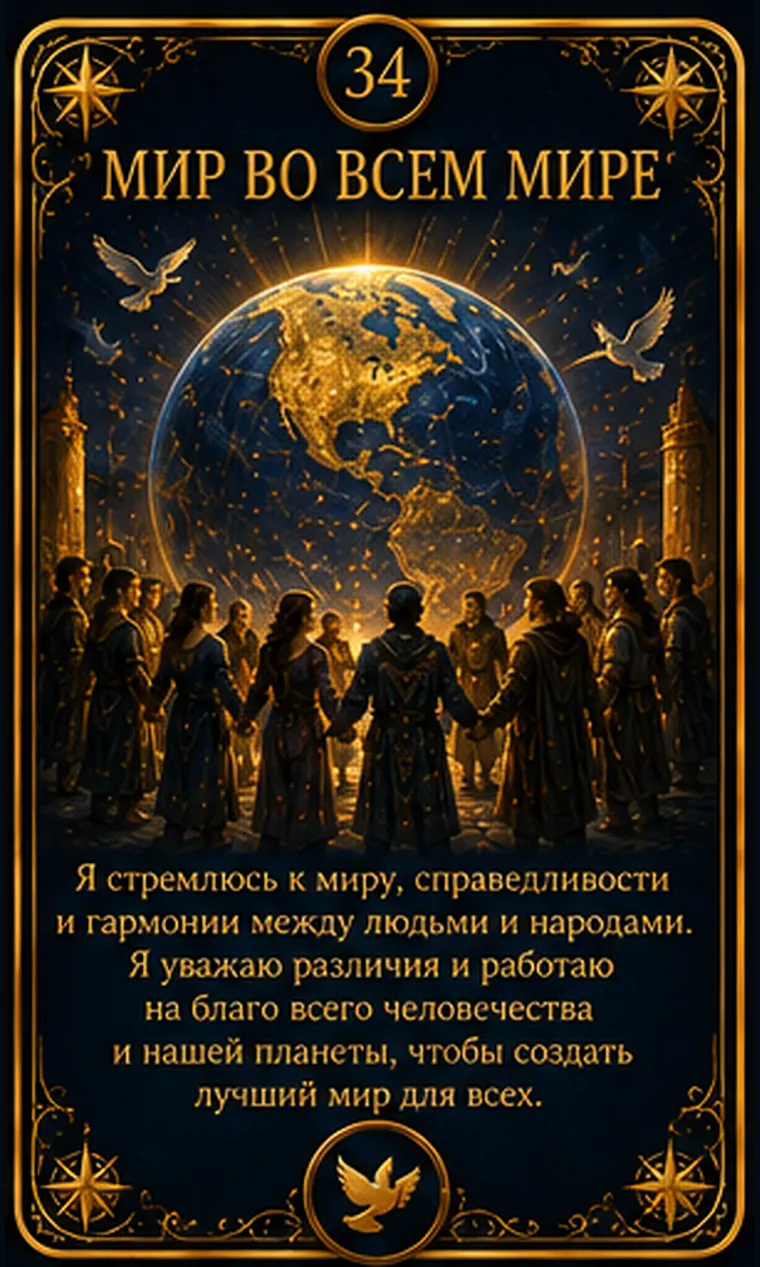 Карта ценности «Мир во всем мире»: разные руки собирают светящийся круг вокруг маленькой планеты; пиктограмма кластера «Забота и общество»